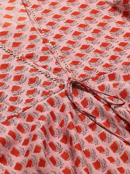 Women Pink Floral Printed Square Neck Cotton Fit And Flare Dress | LASVINI - Redefining Indian Fashion with Elegance