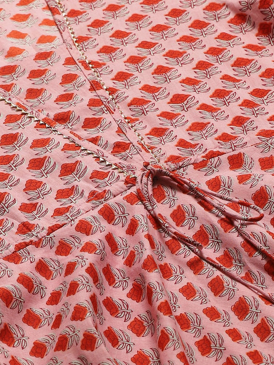 Women Pink Floral Printed Square Neck Cotton Fit And Flare Dress | LASVINI - Redefining Indian Fashion with Elegance