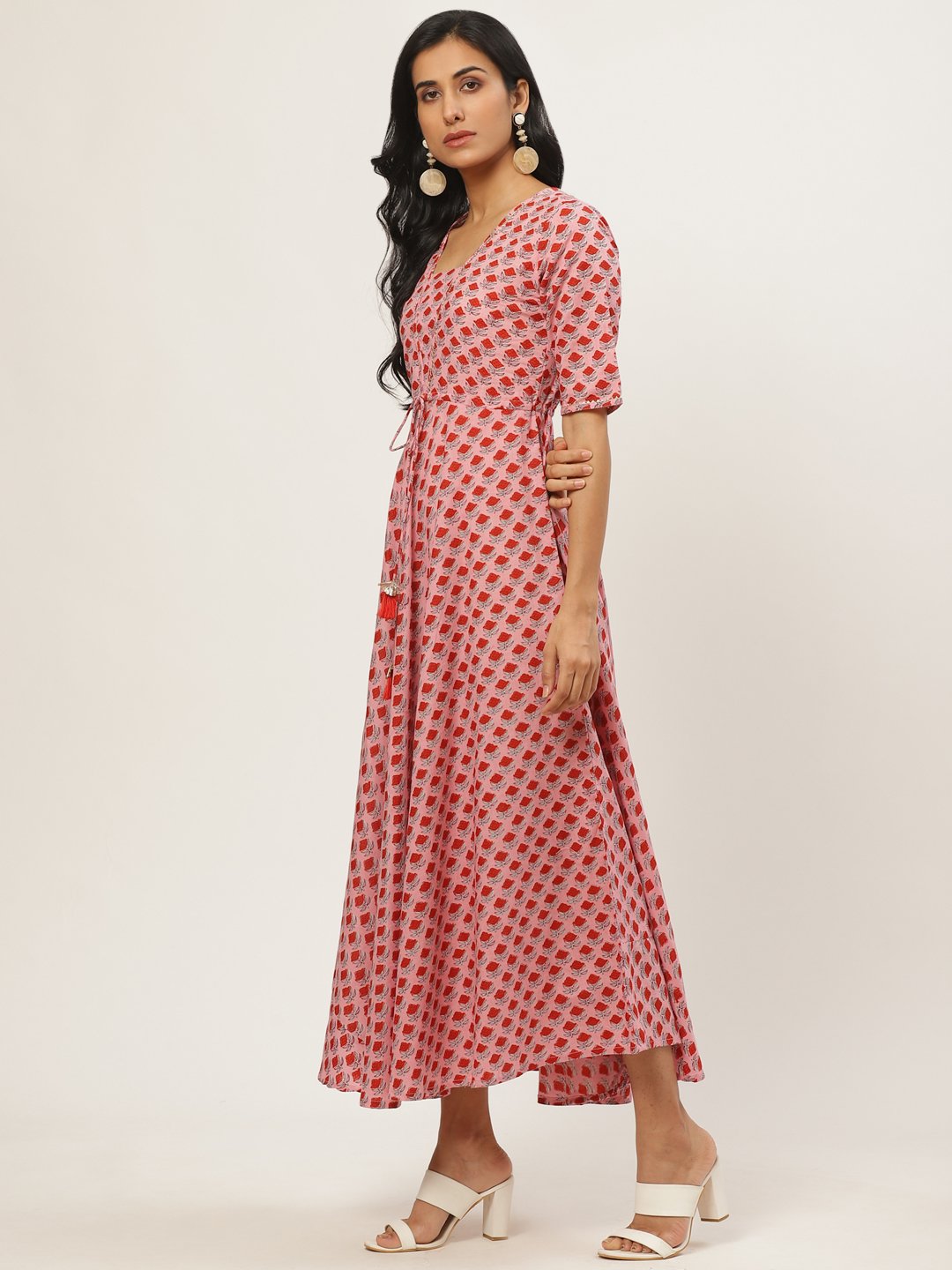 Women Pink Floral Printed Square Neck Cotton Fit And Flare Dress | LASVINI - Redefining Indian Fashion with Elegance