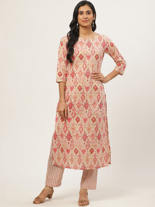 Women Beige Three-Quarter Sleeves Straight Kurta With Trouser | LASVINI - Redefining Indian Fashion with Elegance