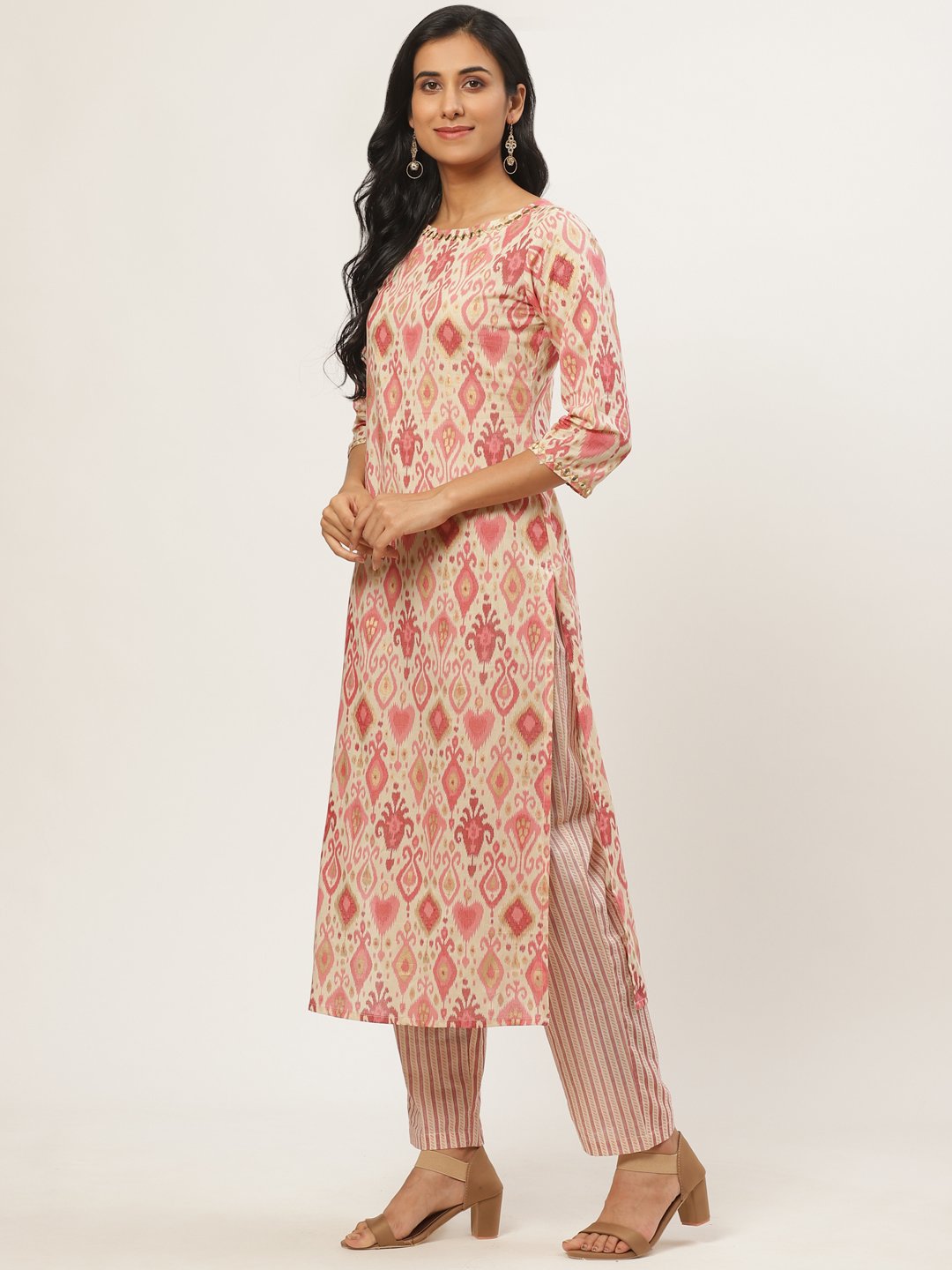 Women Beige Three-Quarter Sleeves Straight Kurta With Trouser | LASVINI - Redefining Indian Fashion with Elegance
