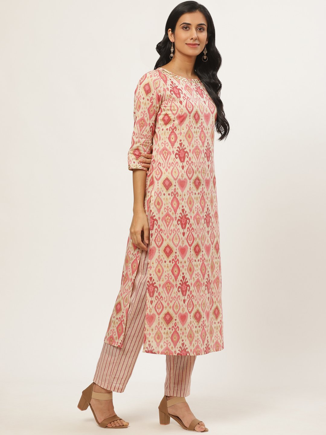 Women Beige Three-Quarter Sleeves Straight Kurta With Trouser | LASVINI - Redefining Indian Fashion with Elegance