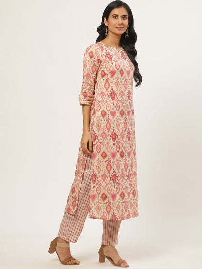 Women Beige Three-Quarter Sleeves Straight Kurta With Trouser | LASVINI - Redefining Indian Fashion with Elegance