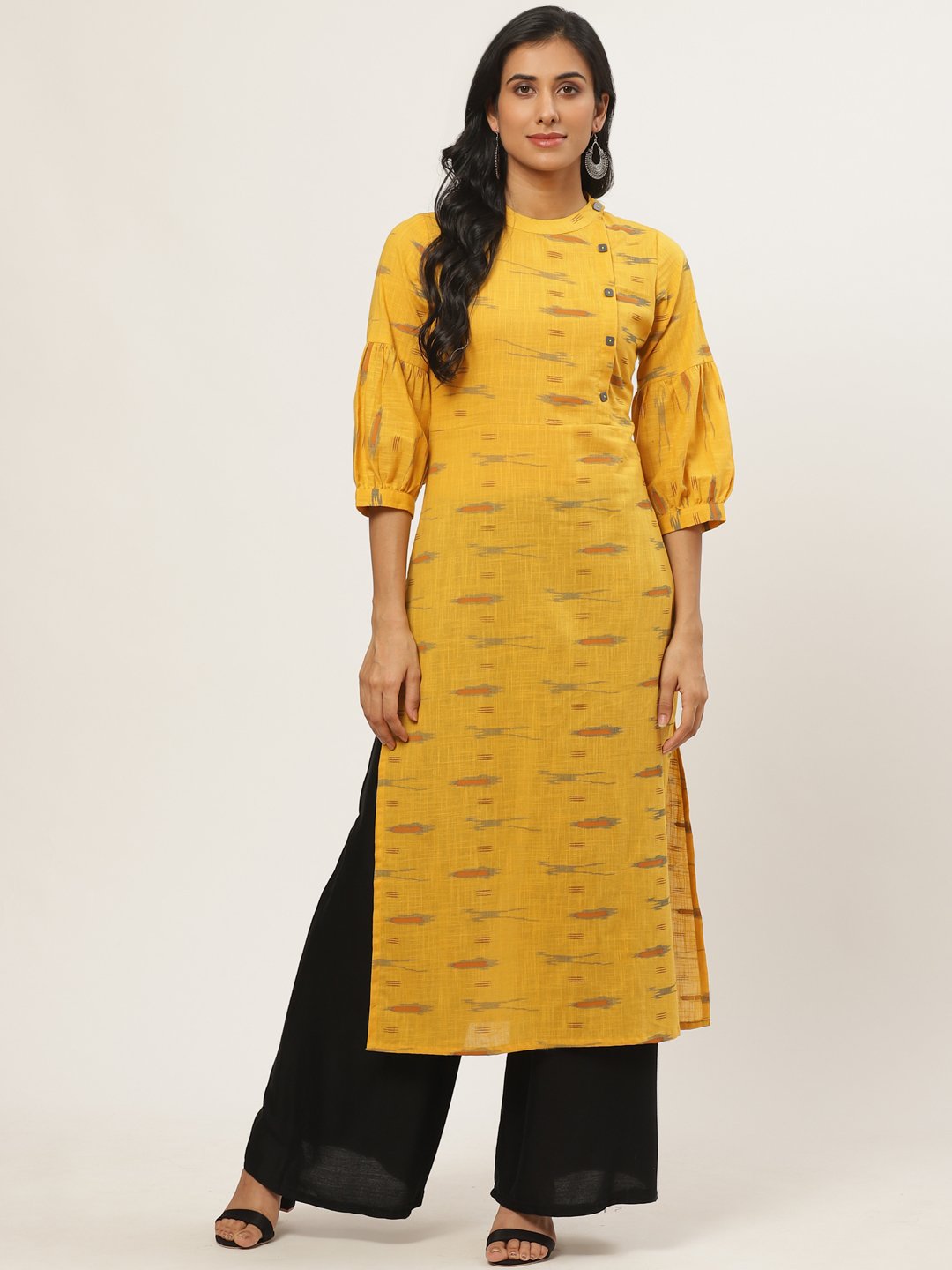 Women Mustard Calf Length Three-Quarter Sleeves Straight Abstract Yoke Design Cotton Kurta | LASVINI - Redefining Indian Fashion with Elegance