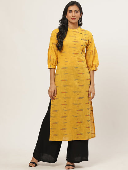 Women Mustard Calf Length Three-Quarter Sleeves Straight Abstract Yoke Design Cotton Kurta | LASVINI - Redefining Indian Fashion with Elegance