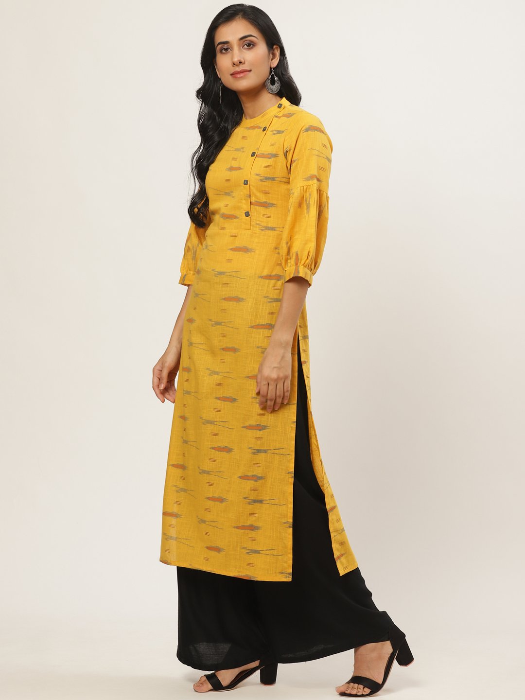 Women Mustard Calf Length Three-Quarter Sleeves Straight Abstract Yoke Design Cotton Kurta | LASVINI - Redefining Indian Fashion with Elegance