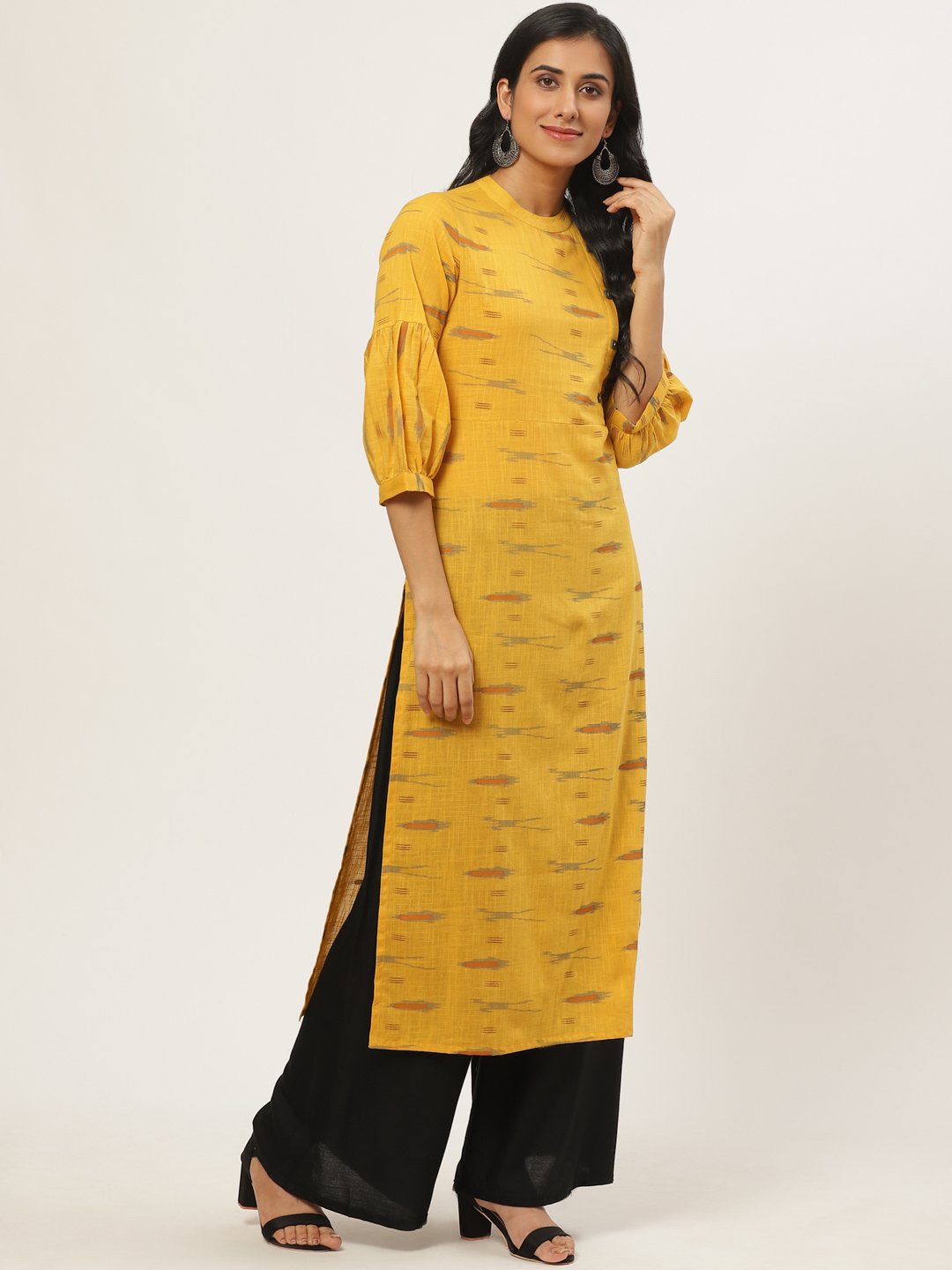 Women Mustard Calf Length Three-Quarter Sleeves Straight Abstract Yoke Design Cotton Kurta | LASVINI - Redefining Indian Fashion with Elegance