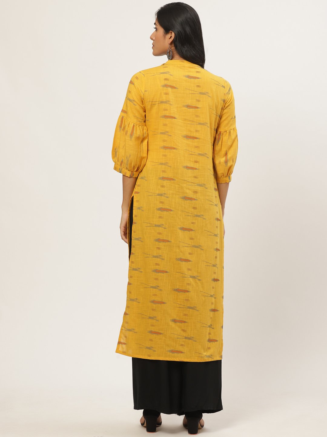Women Mustard Calf Length Three-Quarter Sleeves Straight Abstract Yoke Design Cotton Kurta | LASVINI - Redefining Indian Fashion with Elegance