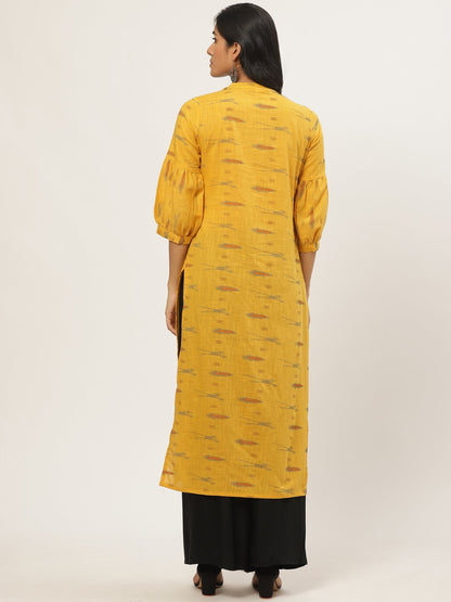 Women Mustard Calf Length Three-Quarter Sleeves Straight Abstract Yoke Design Cotton Kurta | LASVINI - Redefining Indian Fashion with Elegance