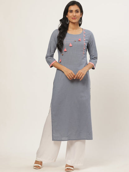 Women Grey Calf Length Three-Quarter Sleeves Straight Solid Yoke Design Cotton Kurta | LASVINI - Redefining Indian Fashion with Elegance