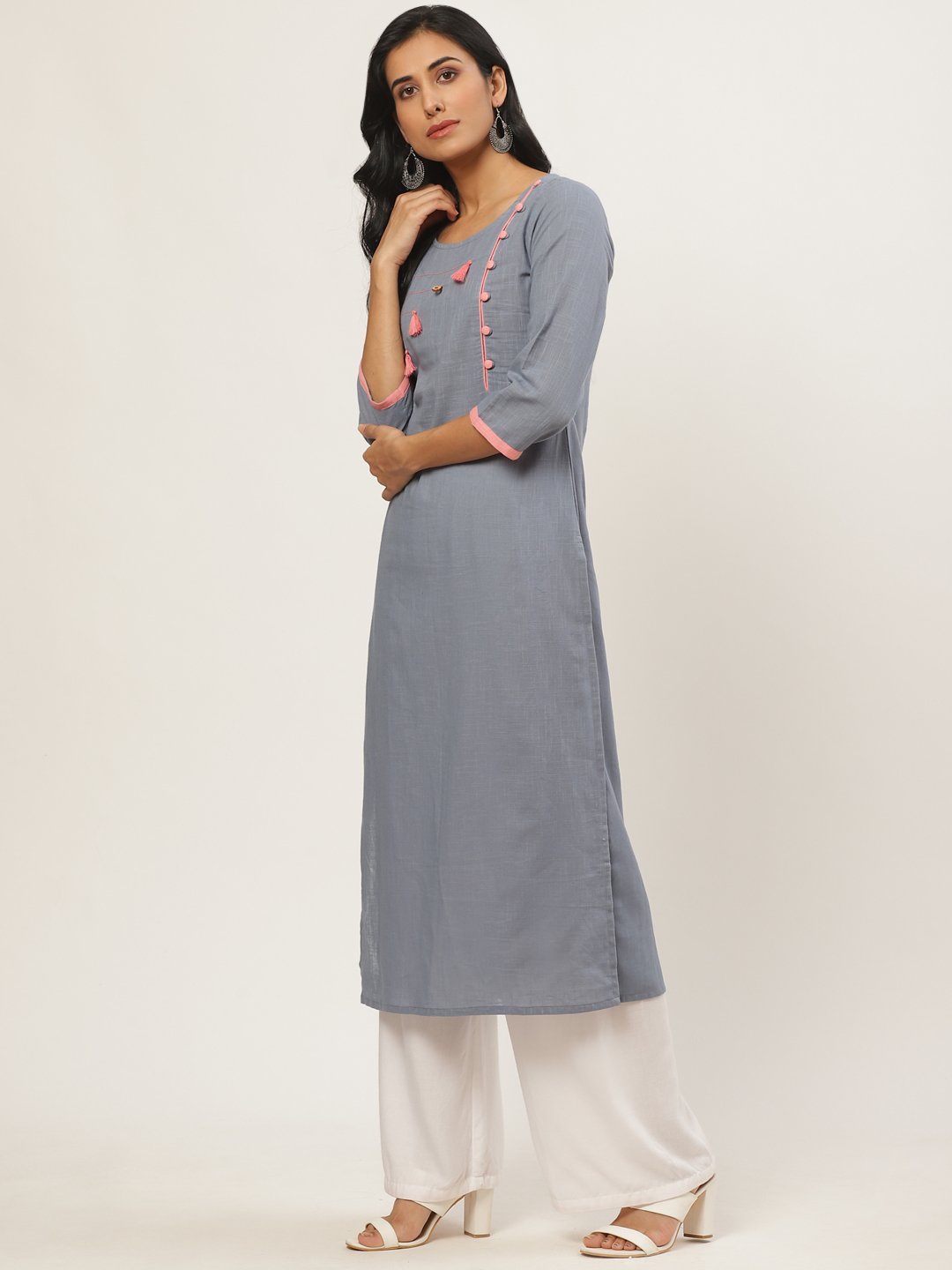 Women Grey Calf Length Three-Quarter Sleeves Straight Solid Yoke Design Cotton Kurta | LASVINI - Redefining Indian Fashion with Elegance