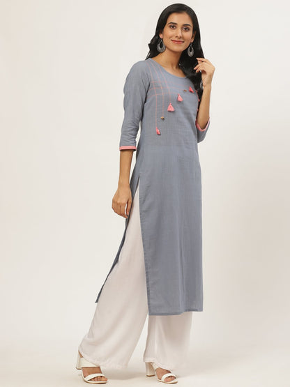 Women Grey Calf Length Three-Quarter Sleeves Straight Solid Yoke Design Cotton Kurta | LASVINI - Redefining Indian Fashion with Elegance