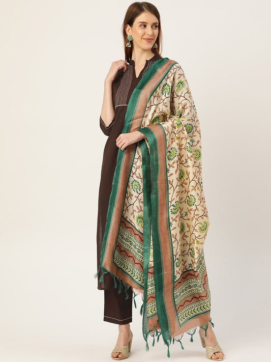 Women Brown Three-Quarter Sleeves Straight Kurta Trouser Dupatta Set | LASVINI - Redefining Indian Fashion with Elegance