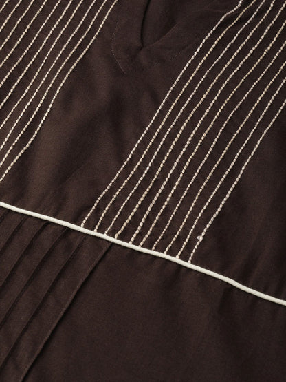 Women Brown Three-Quarter Sleeves Straight Kurta Trouser Dupatta Set | LASVINI - Redefining Indian Fashion with Elegance