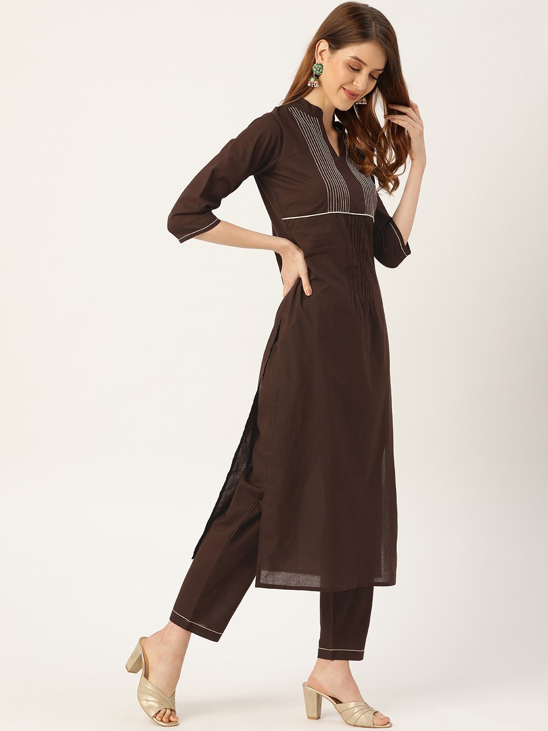 Women Brown Three-Quarter Sleeves Straight Kurta Trouser Dupatta Set | LASVINI - Redefining Indian Fashion with Elegance