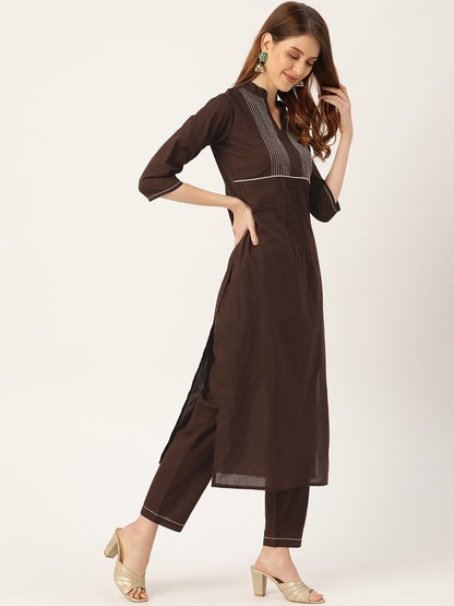 Women Brown Three-Quarter Sleeves Straight Kurta Trouser Dupatta Set | LASVINI - Redefining Indian Fashion with Elegance