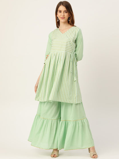 Women Green Three-Quarter Sleeves Flared Kurta And Sharara Set | LASVINI - Redefining Indian Fashion with Elegance