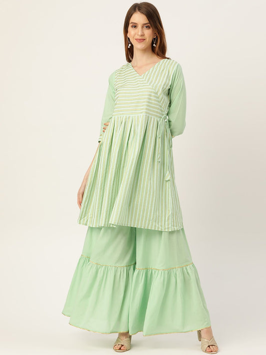 Women Green Three-Quarter Sleeves Flared Kurta And Sharara Set | LASVINI - Redefining Indian Fashion with Elegance