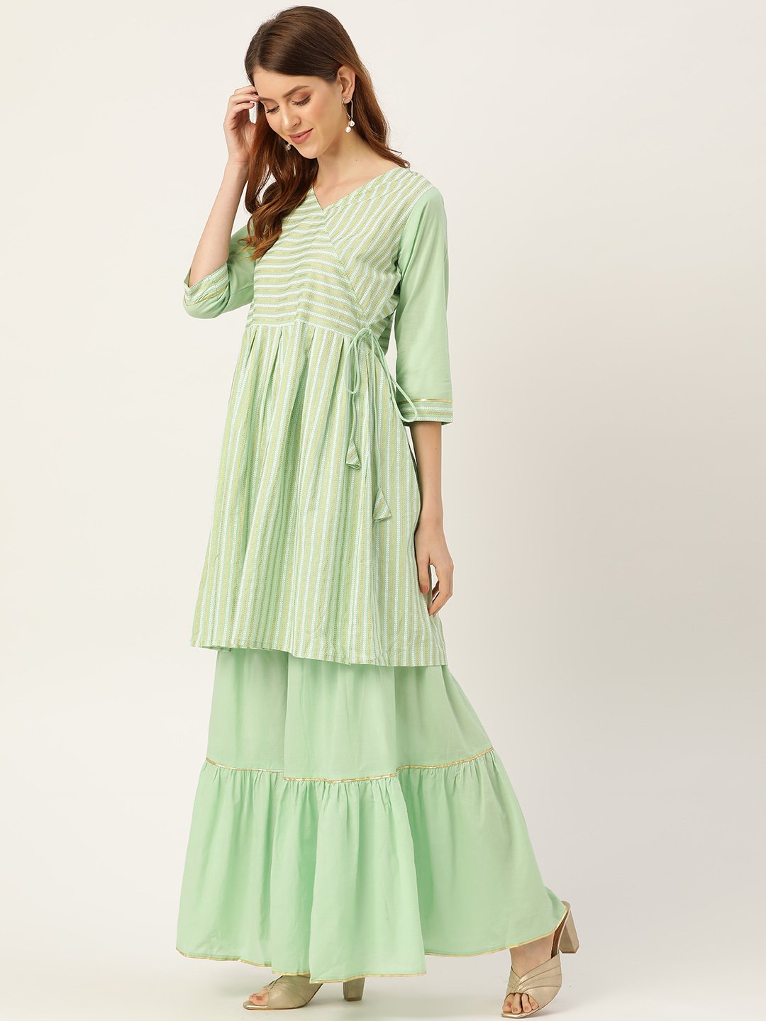 Women Green Three-Quarter Sleeves Flared Kurta And Sharara Set | LASVINI - Redefining Indian Fashion with Elegance