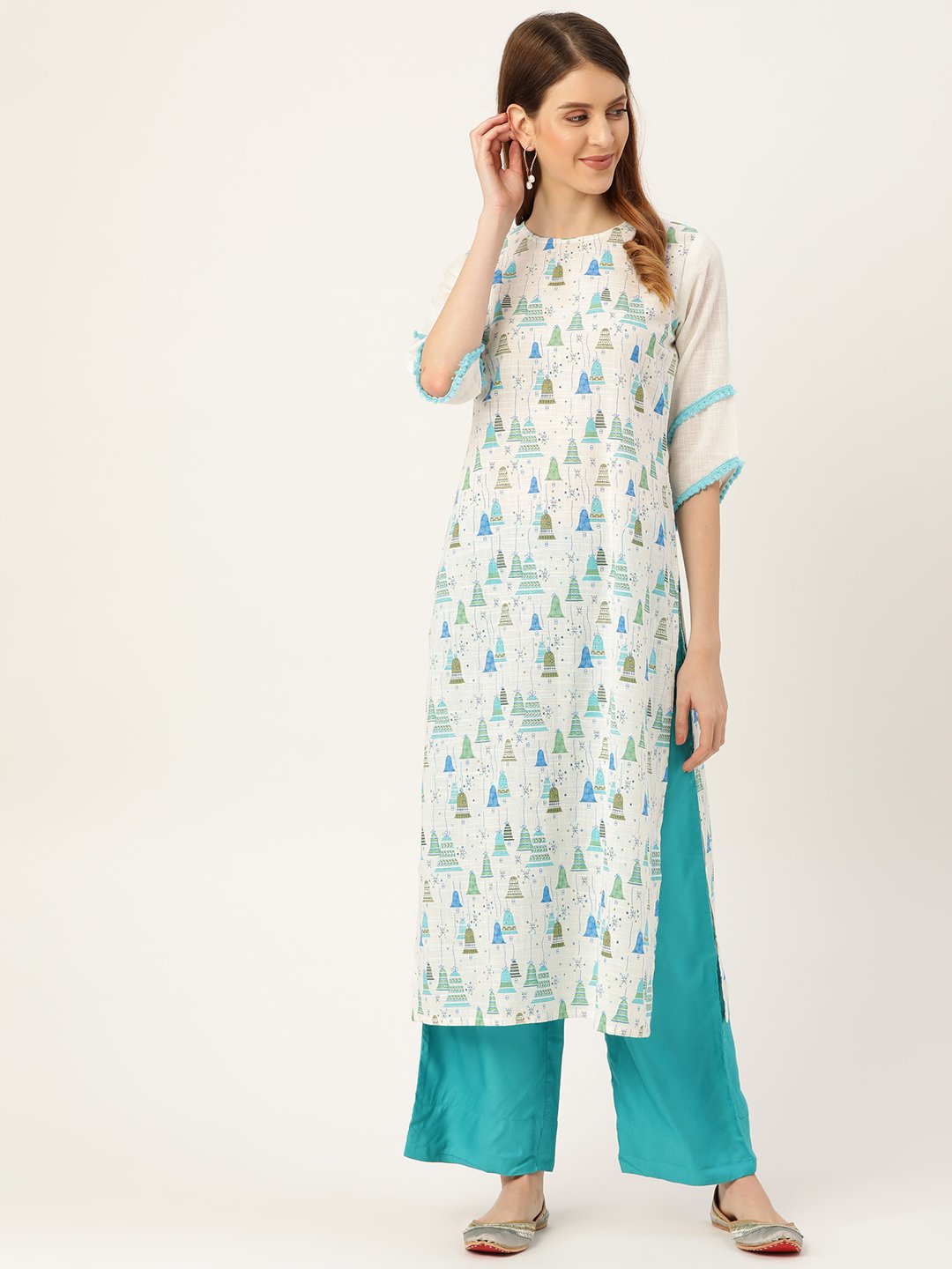 Women White Calf Length Three-Quarter Sleeves Straight Quirky Printed Cotton Kurta | LASVINI - Redefining Indian Fashion with Elegance