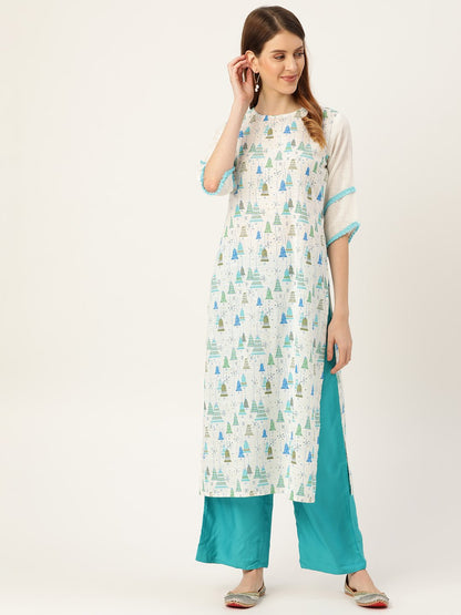 Women White Calf Length Three-Quarter Sleeves Straight Quirky Printed Cotton Kurta | LASVINI - Redefining Indian Fashion with Elegance