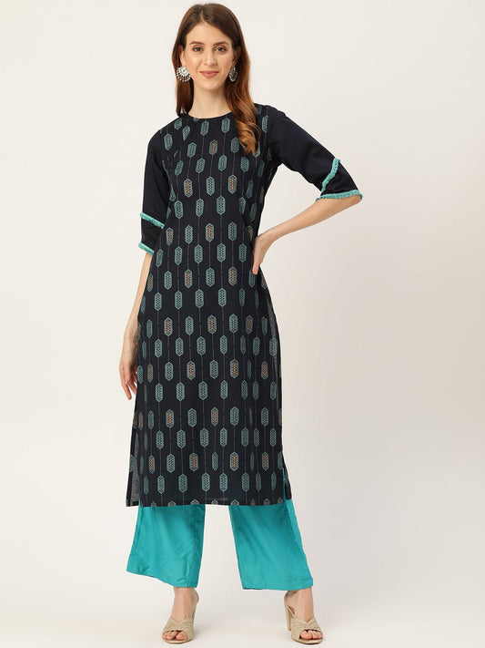 Women Navy Blue Calf Length Three-Quarter Sleeves Straight Ethnic Motifs Printed Cotton Kurta | LASVINI - Redefining Indian Fashion with Elegance