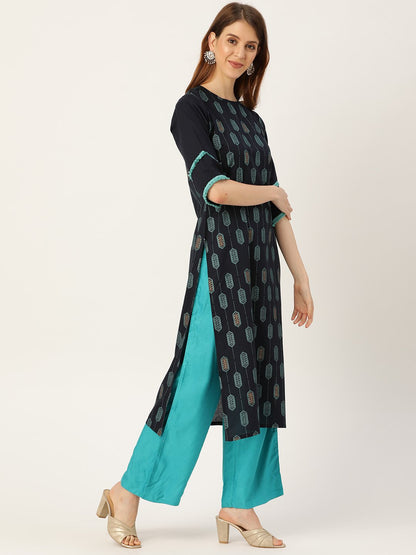 Women Navy Blue Calf Length Three-Quarter Sleeves Straight Ethnic Motifs Printed Cotton Kurta | LASVINI - Redefining Indian Fashion with Elegance