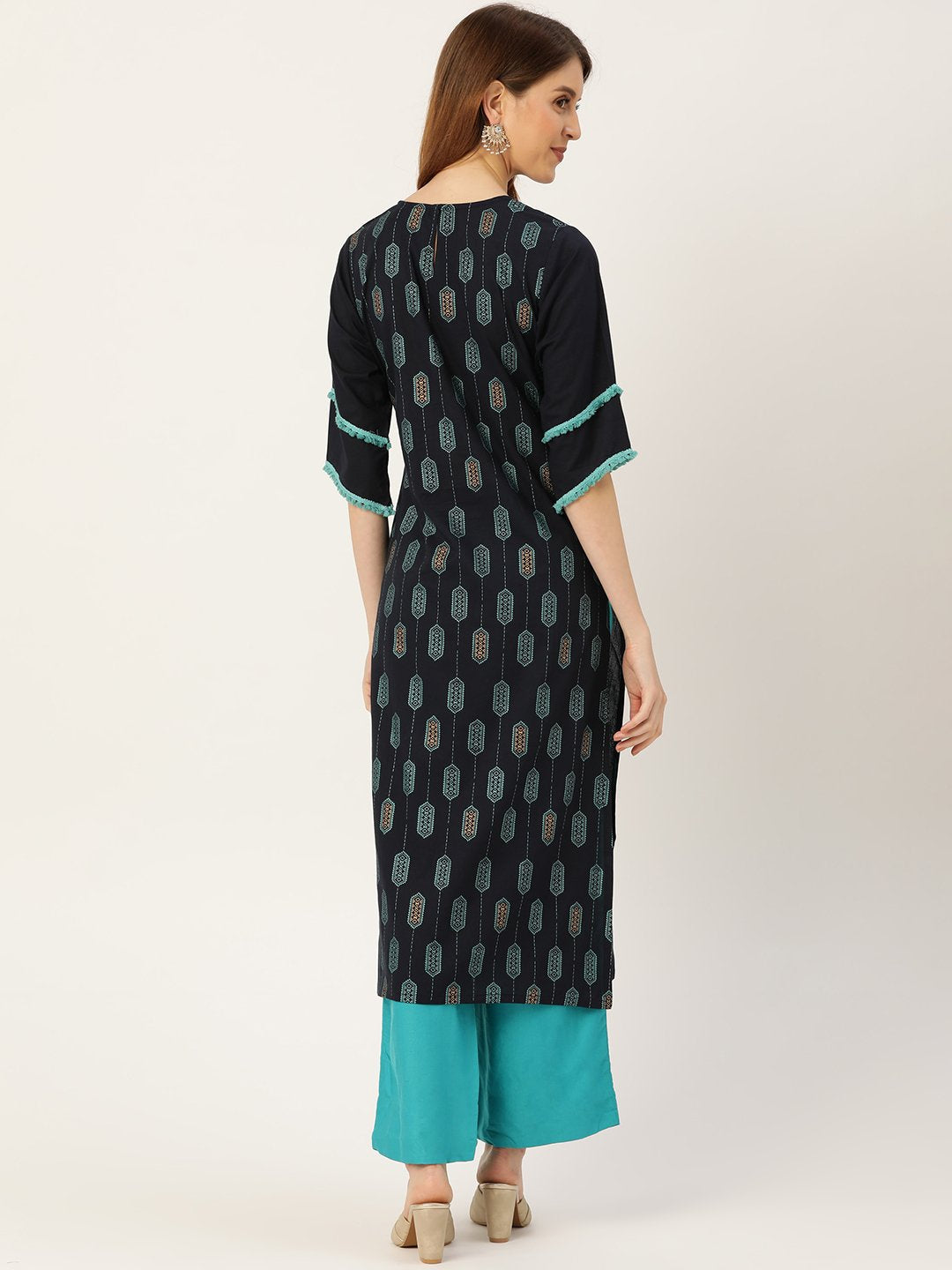 Women Navy Blue Calf Length Three-Quarter Sleeves Straight Ethnic Motifs Printed Cotton Kurta | LASVINI - Redefining Indian Fashion with Elegance