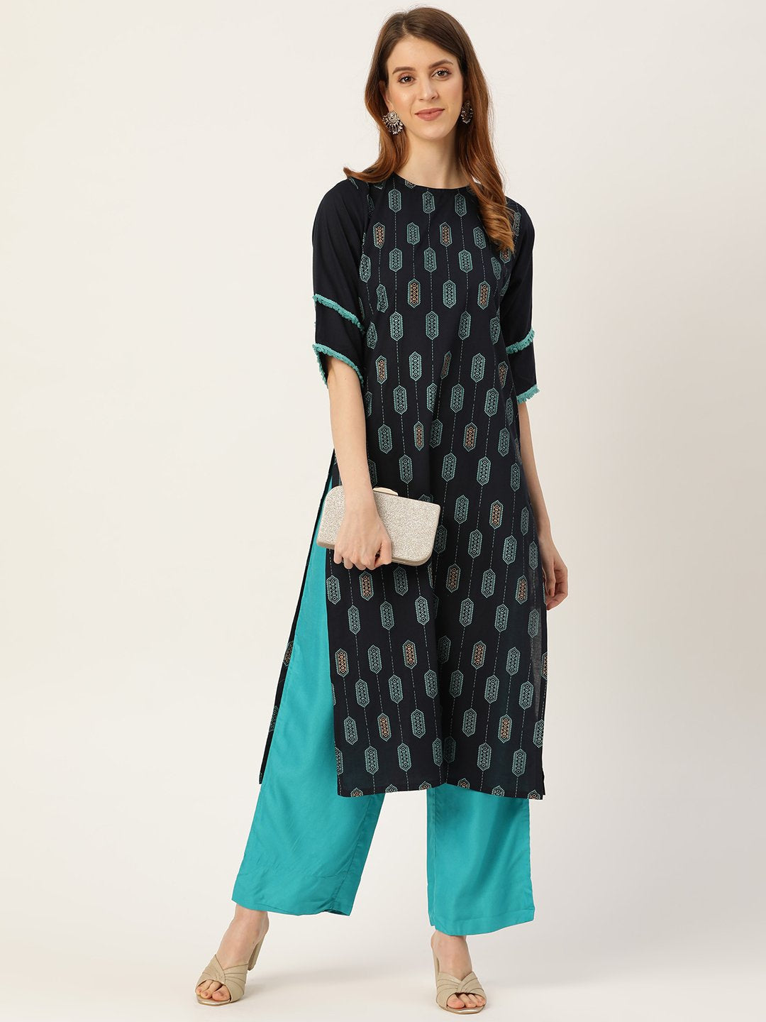 Women Navy Blue Calf Length Three-Quarter Sleeves Straight Ethnic Motifs Printed Cotton Kurta | LASVINI - Redefining Indian Fashion with Elegance