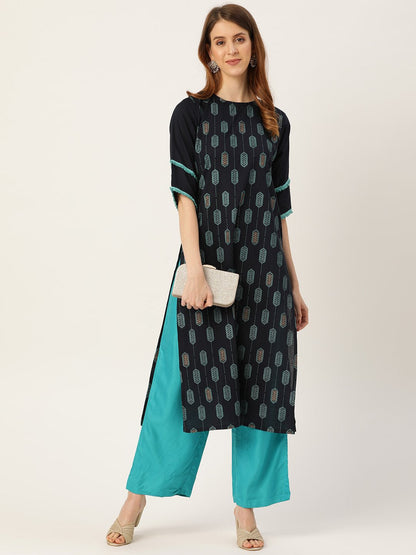 Women Navy Blue Calf Length Three-Quarter Sleeves Straight Ethnic Motifs Printed Cotton Kurta | LASVINI - Redefining Indian Fashion with Elegance