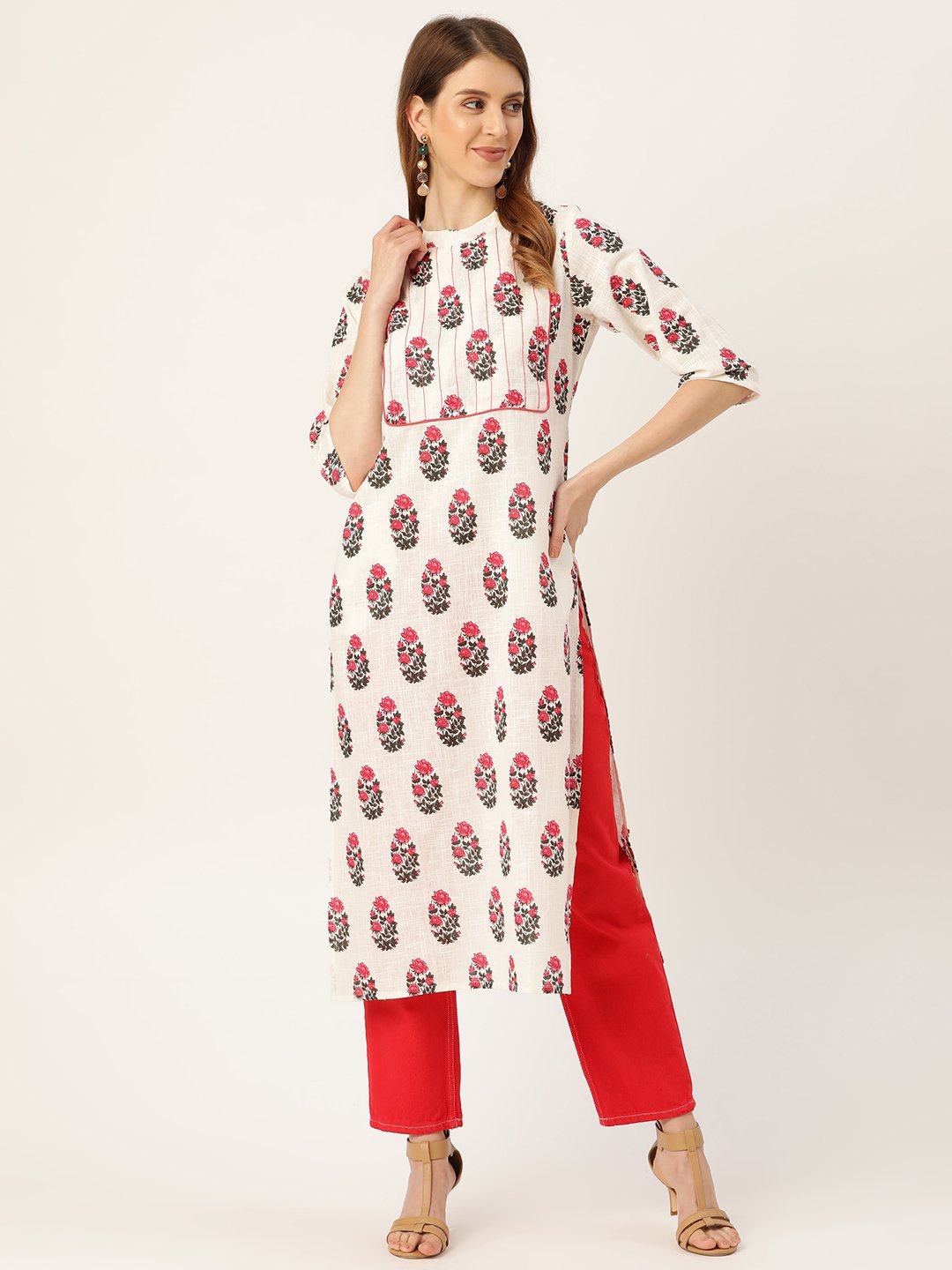 Women White Calf Length Three-Quarter Sleeves Straight Floral Printed Cotton Kurta | LASVINI - Redefining Indian Fashion with Elegance