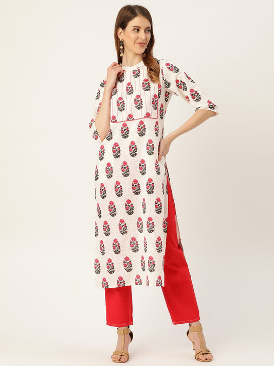 Women White Calf Length Three-Quarter Sleeves Straight Floral Printed Cotton Kurta | LASVINI - Redefining Indian Fashion with Elegance