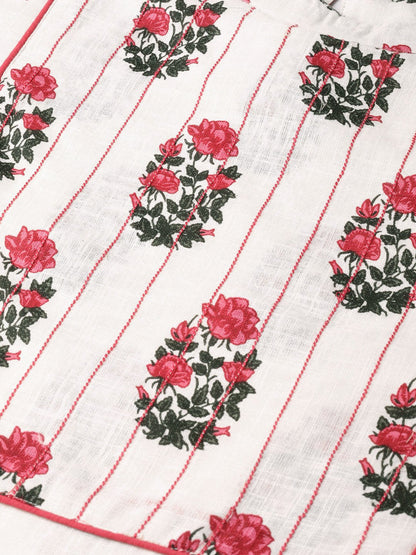 Women White Calf Length Three-Quarter Sleeves Straight Floral Printed Cotton Kurta | LASVINI - Redefining Indian Fashion with Elegance