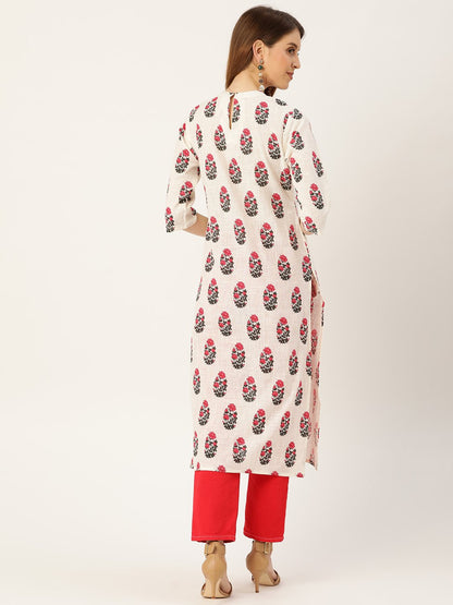Women White Calf Length Three-Quarter Sleeves Straight Floral Printed Cotton Kurta | LASVINI - Redefining Indian Fashion with Elegance