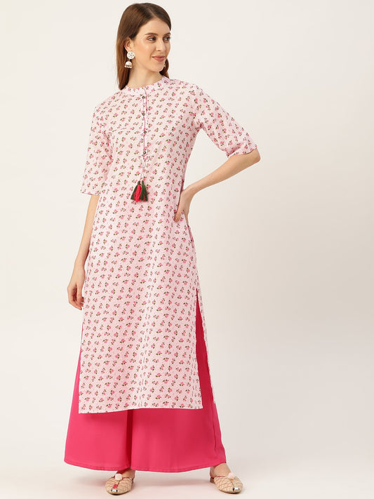 Women Pink Calf Length Three-Quarter Sleeves Straight Floral Printed Cotton Kurta | LASVINI - Redefining Indian Fashion with Elegance