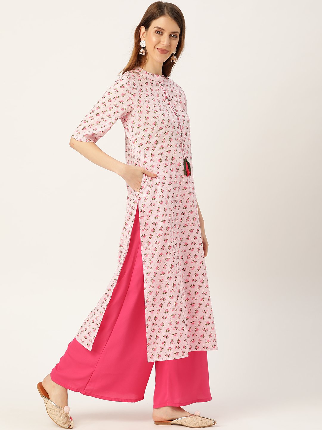 Women Pink Calf Length Three-Quarter Sleeves Straight Floral Printed Cotton Kurta | LASVINI - Redefining Indian Fashion with Elegance