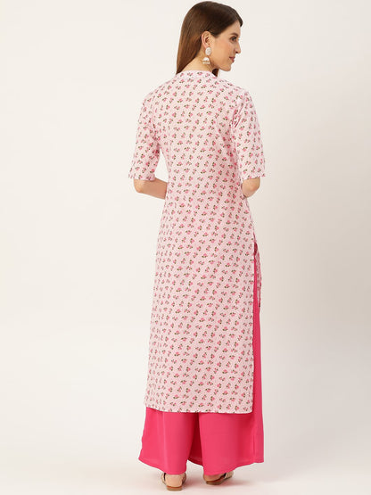 Women Pink Calf Length Three-Quarter Sleeves Straight Floral Printed Cotton Kurta | LASVINI - Redefining Indian Fashion with Elegance