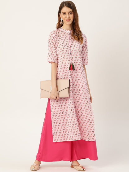 Women Pink Calf Length Three-Quarter Sleeves Straight Floral Printed Cotton Kurta | LASVINI - Redefining Indian Fashion with Elegance