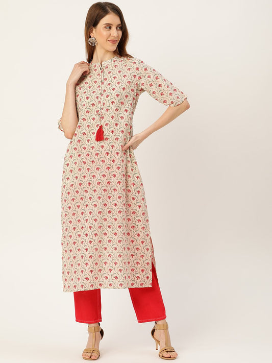 Women Beige Calf Length Three-Quarter Sleeves Straight Floral Printed Cotton Kurta | LASVINI - Redefining Indian Fashion with Elegance