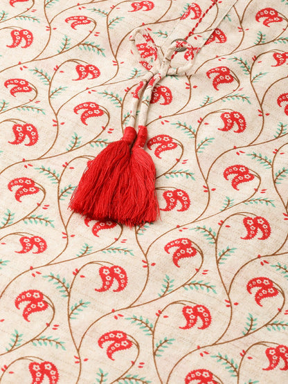 Women Beige Calf Length Three-Quarter Sleeves Straight Floral Printed Cotton Kurta | LASVINI - Redefining Indian Fashion with Elegance