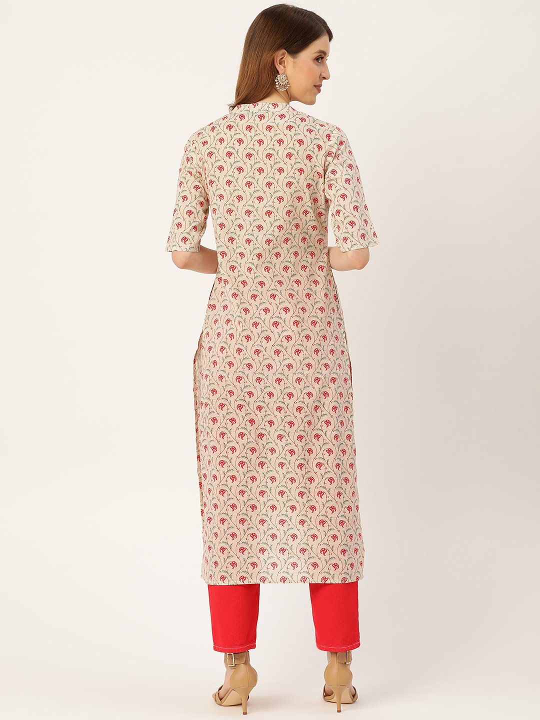 Women Beige Calf Length Three-Quarter Sleeves Straight Floral Printed Cotton Kurta | LASVINI - Redefining Indian Fashion with Elegance