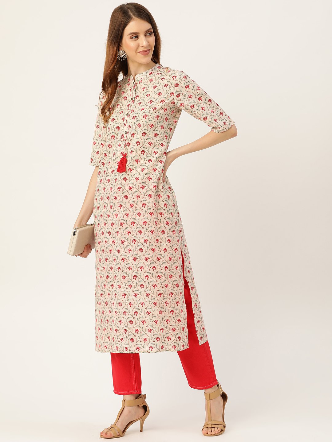 Women Beige Calf Length Three-Quarter Sleeves Straight Floral Printed Cotton Kurta | LASVINI - Redefining Indian Fashion with Elegance