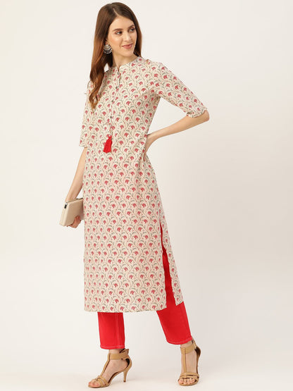 Women Beige Calf Length Three-Quarter Sleeves Straight Floral Printed Cotton Kurta | LASVINI - Redefining Indian Fashion with Elegance