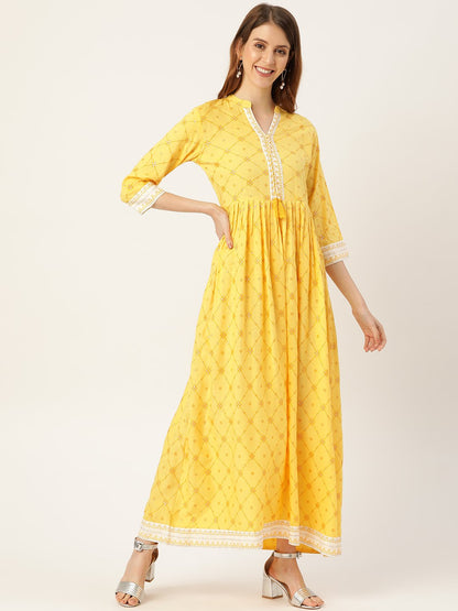 Women Yellow Floral Printed Mandarin Collar Viscose Rayon Fit And Flare Dress | LASVINI - Redefining Indian Fashion with Elegance