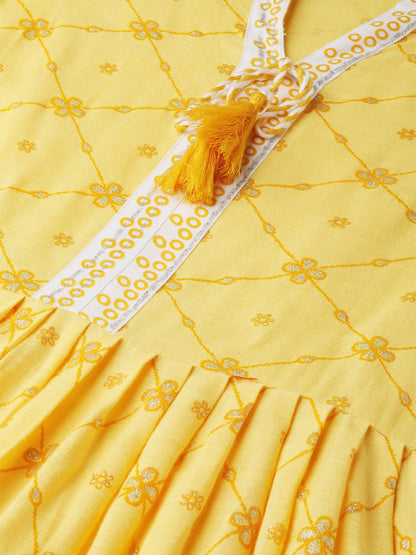 Women Yellow Floral Printed Mandarin Collar Viscose Rayon Fit And Flare Dress | LASVINI - Redefining Indian Fashion with Elegance