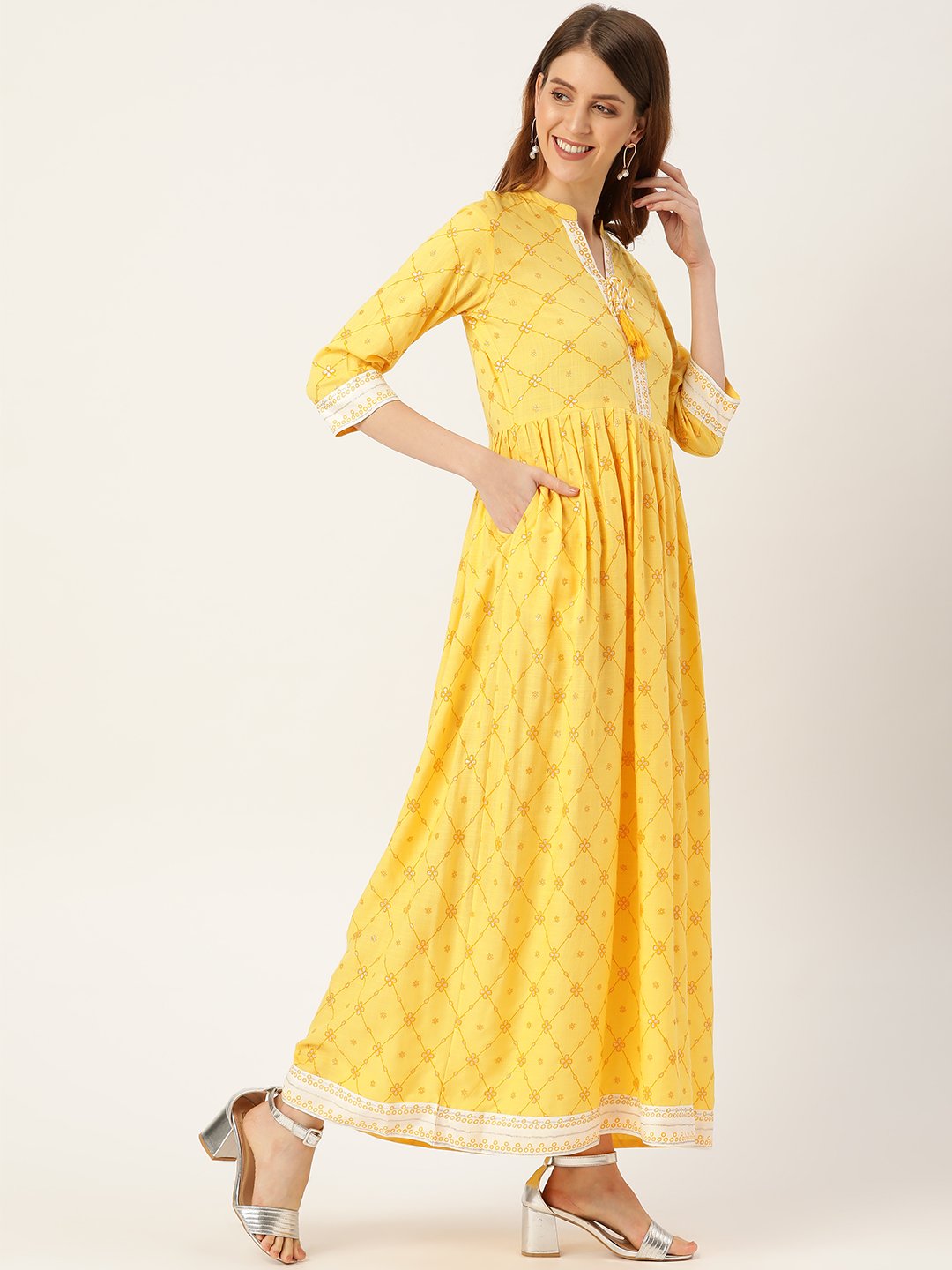 Women Yellow Floral Printed Mandarin Collar Viscose Rayon Fit And Flare Dress | LASVINI - Redefining Indian Fashion with Elegance