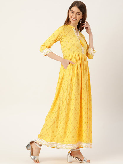 Women Yellow Floral Printed Mandarin Collar Viscose Rayon Fit And Flare Dress | LASVINI - Redefining Indian Fashion with Elegance