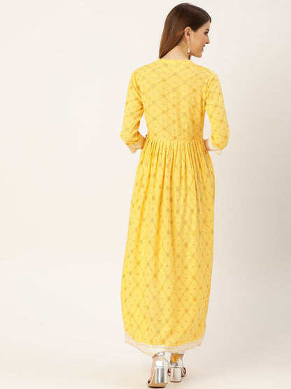 Women Yellow Floral Printed Mandarin Collar Viscose Rayon Fit And Flare Dress | LASVINI - Redefining Indian Fashion with Elegance