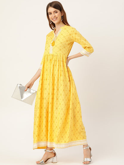Women Yellow Floral Printed Mandarin Collar Viscose Rayon Fit And Flare Dress | LASVINI - Redefining Indian Fashion with Elegance