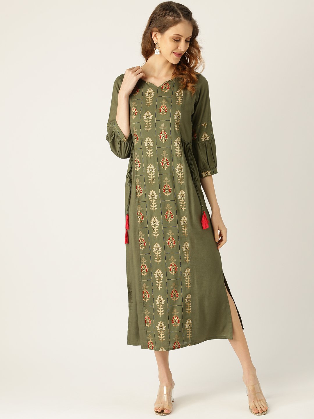 Women Green Ethnic Motifs Printed V-Neck Viscose Rayon Maxi Dress | LASVINI - Redefining Indian Fashion with Elegance